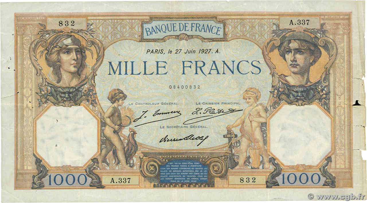 1000 Francs CÉRÈS ET MERCURE FRANCE  1927 F.37.01 TB