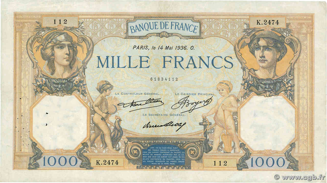 1000 Francs CÉRÈS ET MERCURE FRANCE  1936 F.37.09 TB