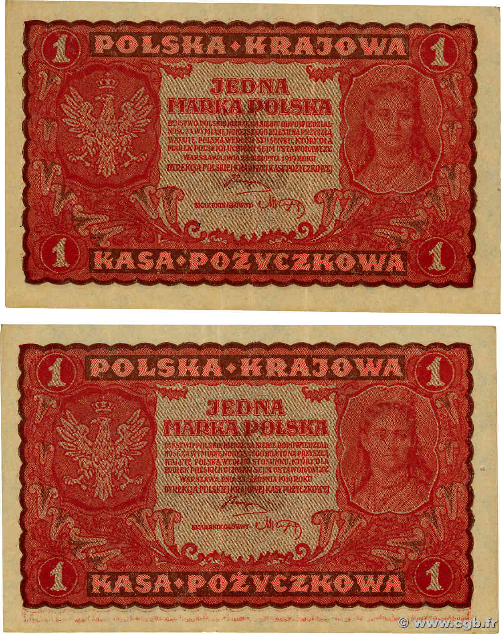 1 Marka Consécutifs POLOGNE  1919 P.023 TTB