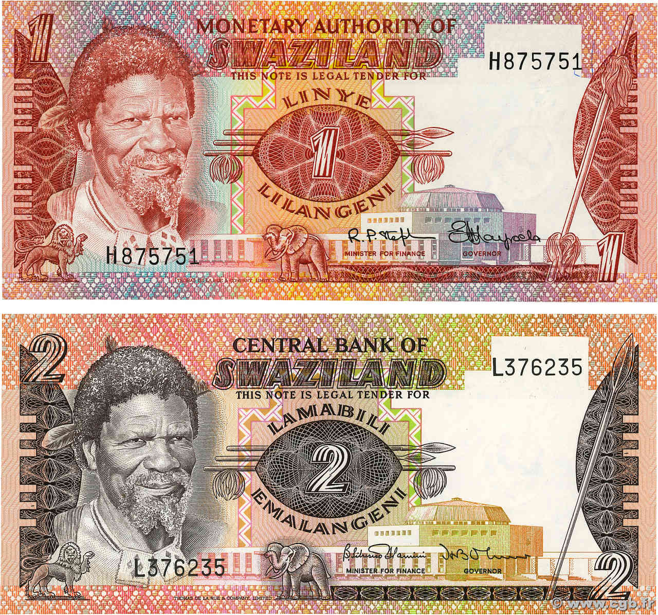 1 Lilangeni et 2 Emalangeni Lot SWAZILAND  1974 P.01a et P.02a NEUF