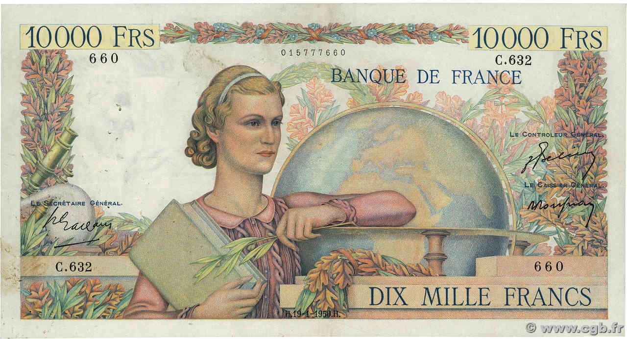 10000 Francs GÉNIE FRANÇAIS FRANCE  1950 F.50.27 VF