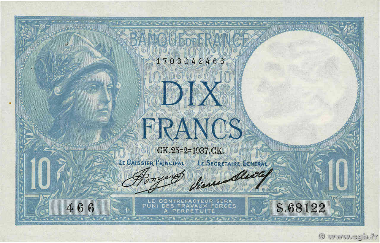 10 Francs MINERVE FRANCIA  1937 F.06.18 SPL+