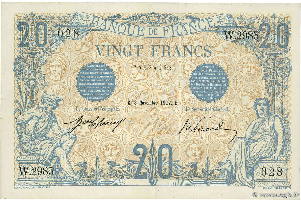 20 Francs BLEU FRANKREICH  1912 F.10.02 VZ