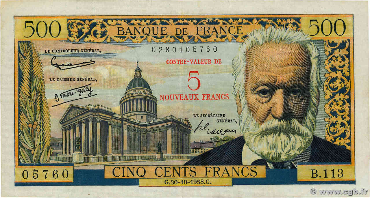 5 NF sur 500 Francs Victor HUGO FRANCE  1958 F.52.01 VF+