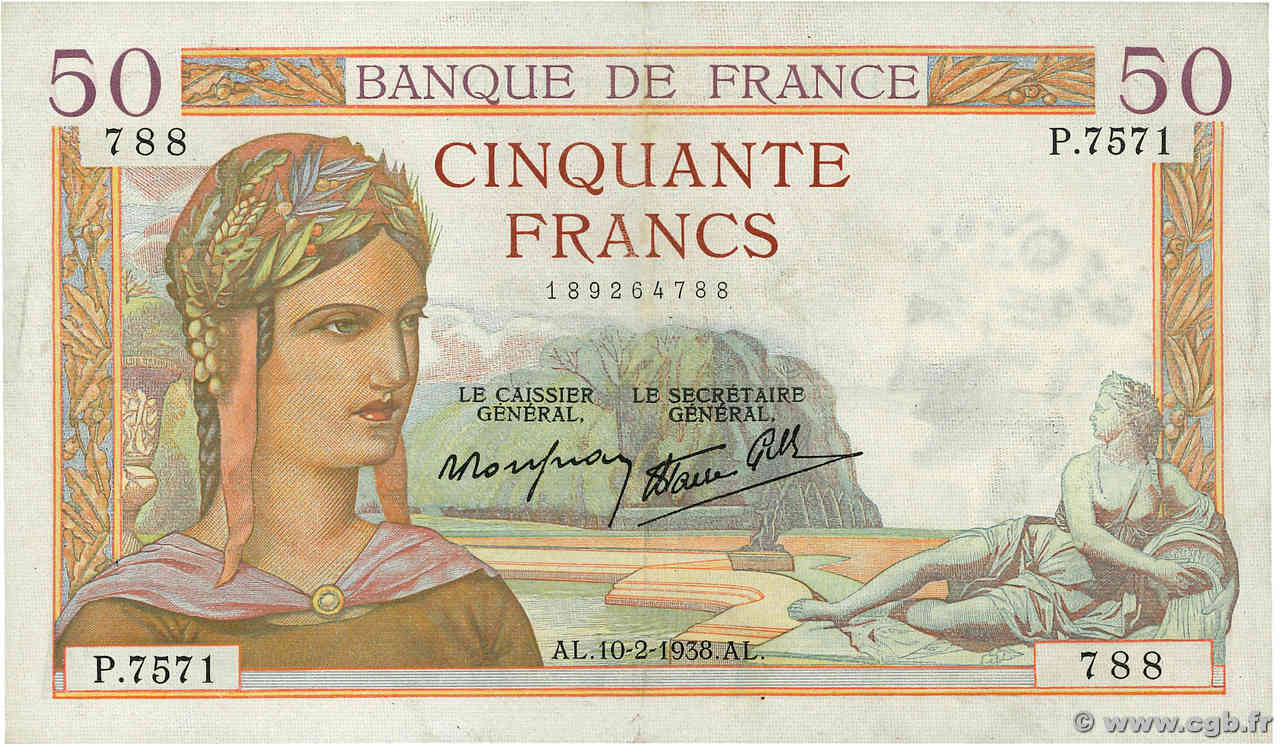 50 Francs CÉRÈS modifié FRANKREICH  1938 F.18.08 VZ