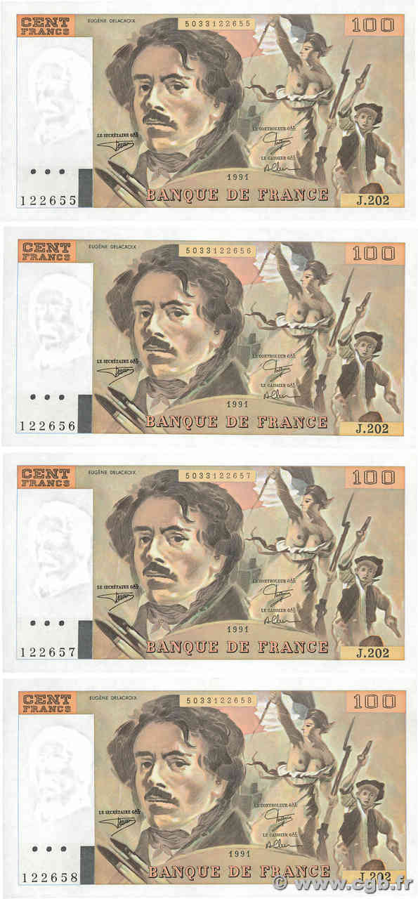 100 Francs DELACROIX imprimé en continu Consécutifs FRANCIA  1991 F.69bis.03c1 AU