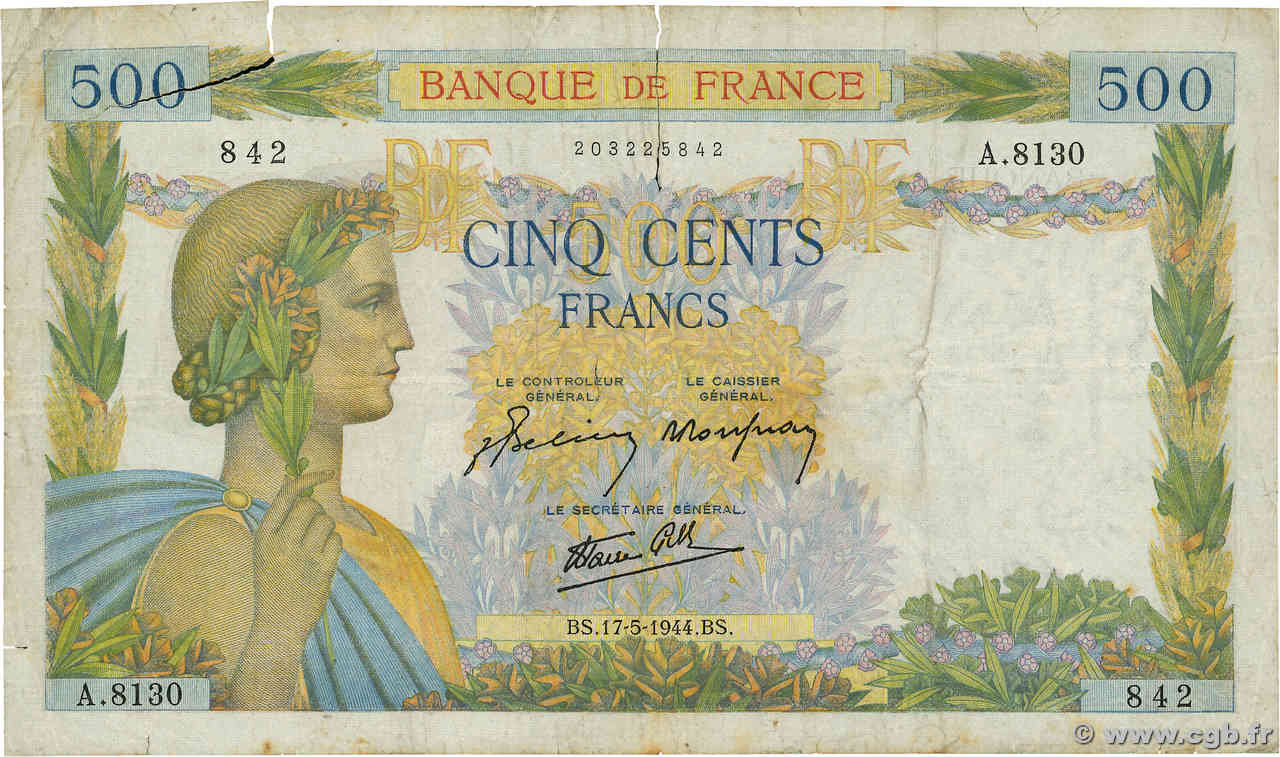 500 Francs LA PAIX Grand numéro FRANCIA  1944 F.32.47 RC+