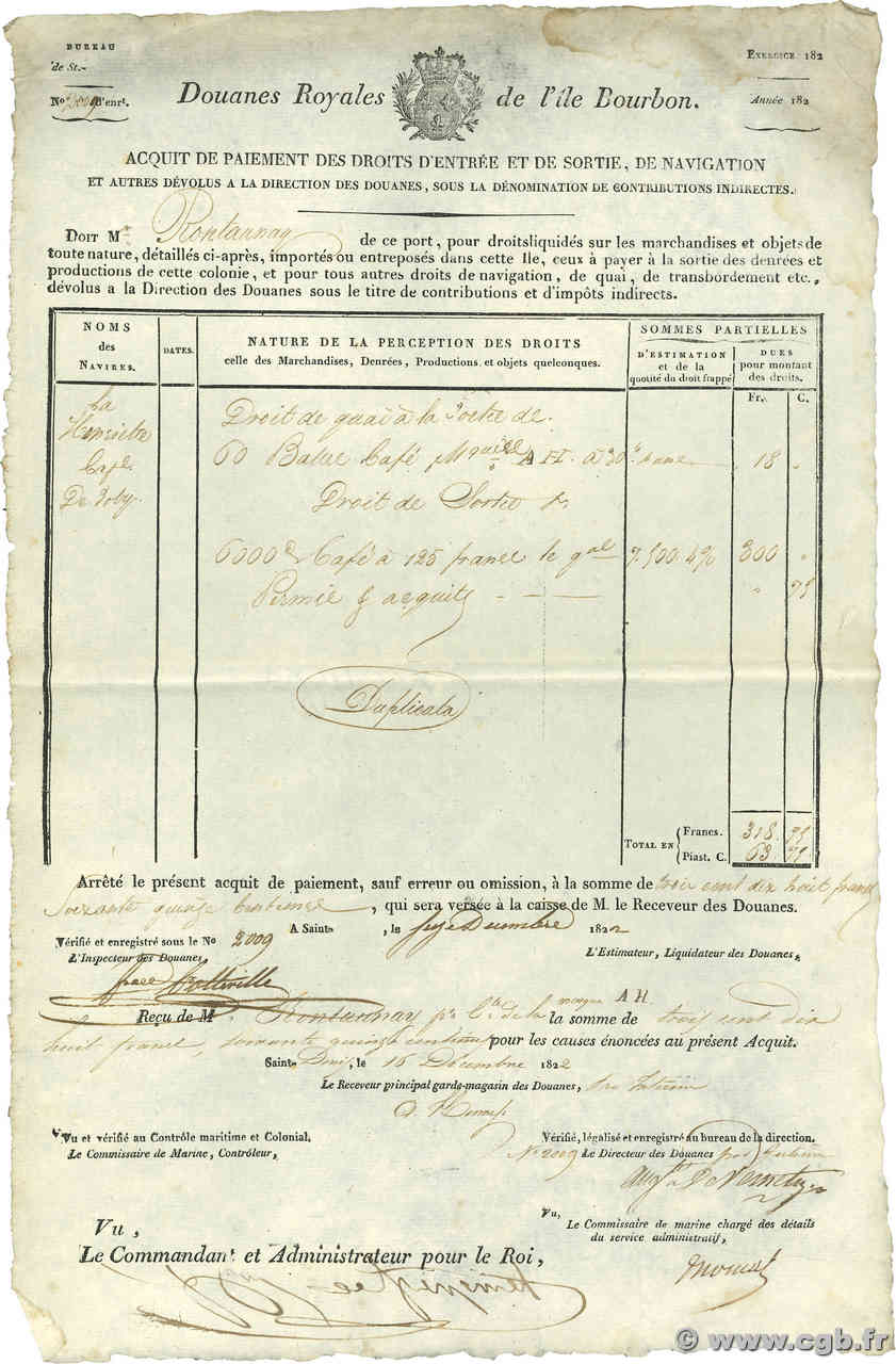 318 Francs et 75 Centimes ÎLE DE LA RÉUNION  1822 P.- TTB