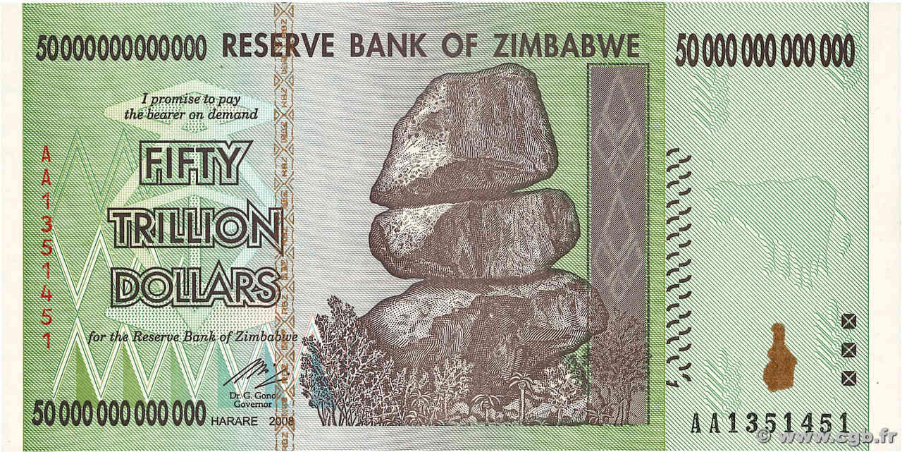 50 Trillions Dollars SIMBABWE  2008 P.90 ST