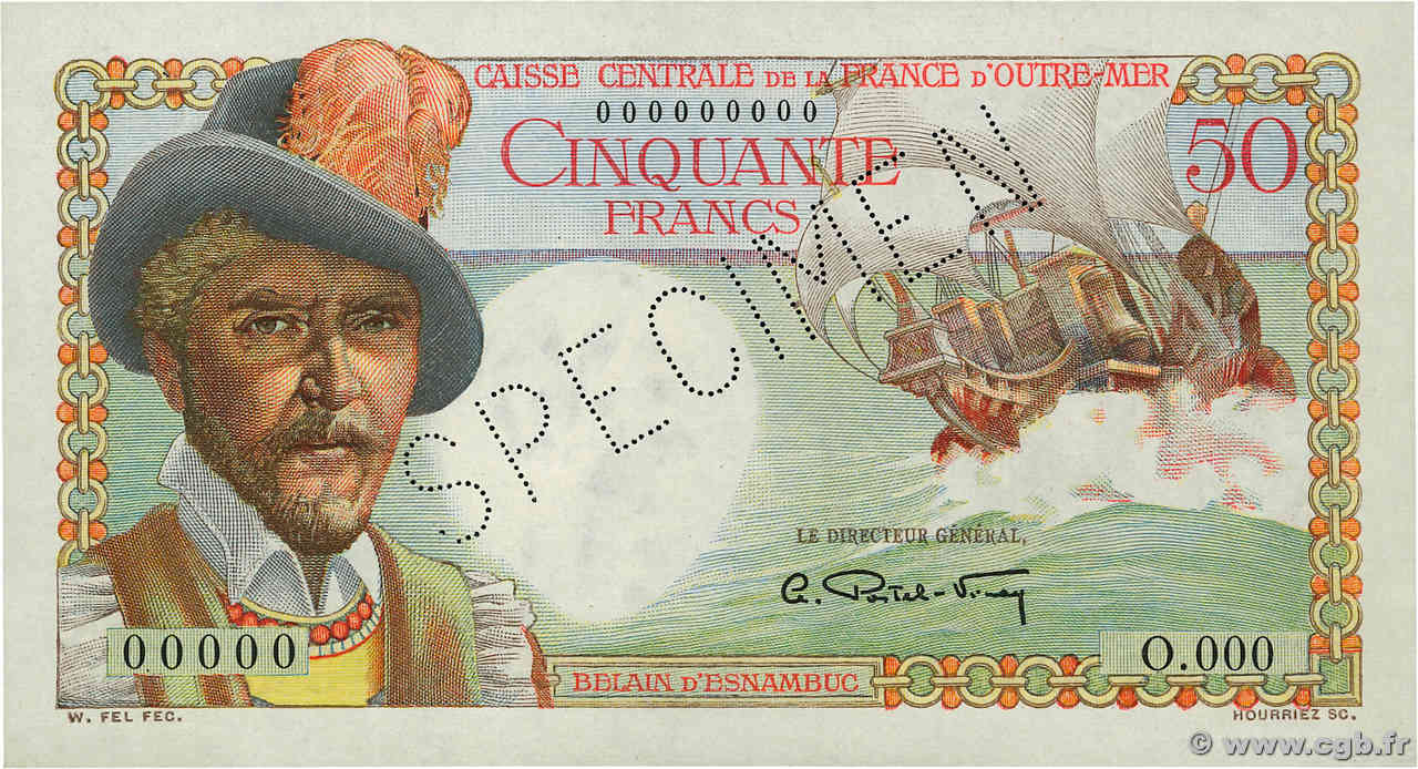 50 Francs Belain d Esnambuc Spécimen AFRIQUE ÉQUATORIALE FRANÇAISE  1946 P.23s XF+