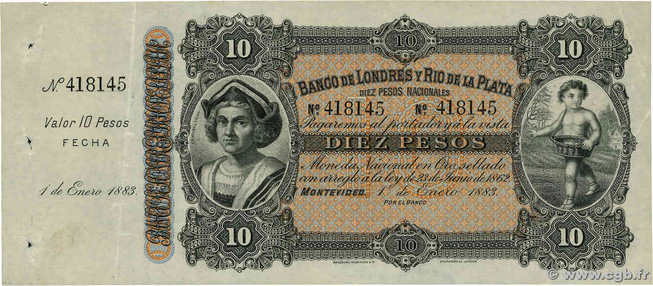 10 Pesos Non émis URUGUAY  1883 PS.242r VZ