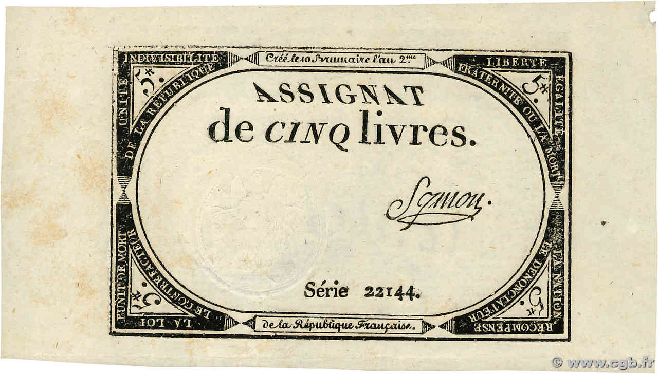 5 Livres FRANCE  1793 Ass.46a UNC-