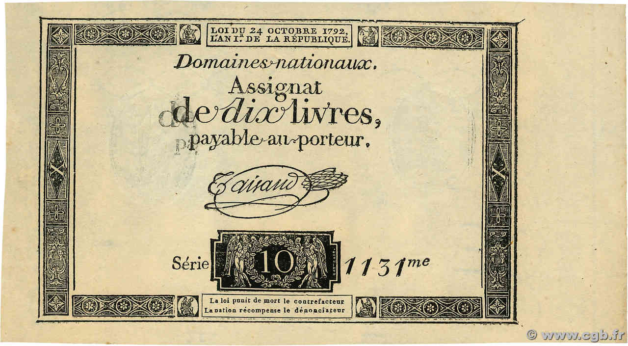 10 Livres filigrane royal Fauté FRANCE  1792 Ass.36a SPL