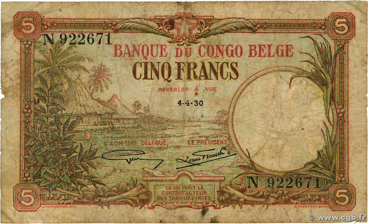 5 Francs BELGA CONGO  1930 P.08e RC