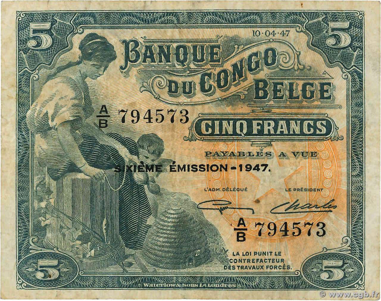 5 Francs BELGISCH-KONGO  1947 P.13Ad S