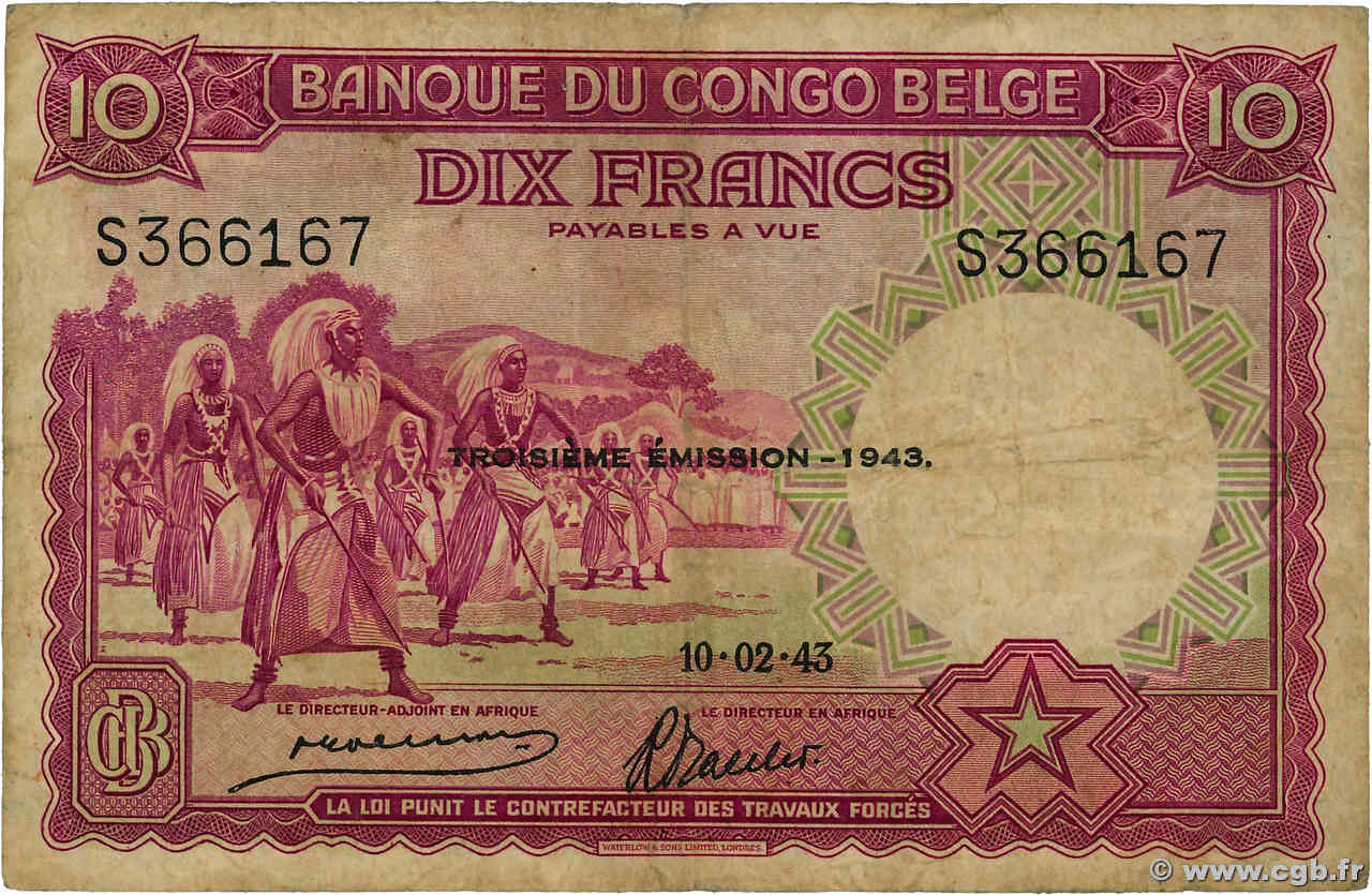 10 Francs BELGISCH-KONGO  1943 P.14C S