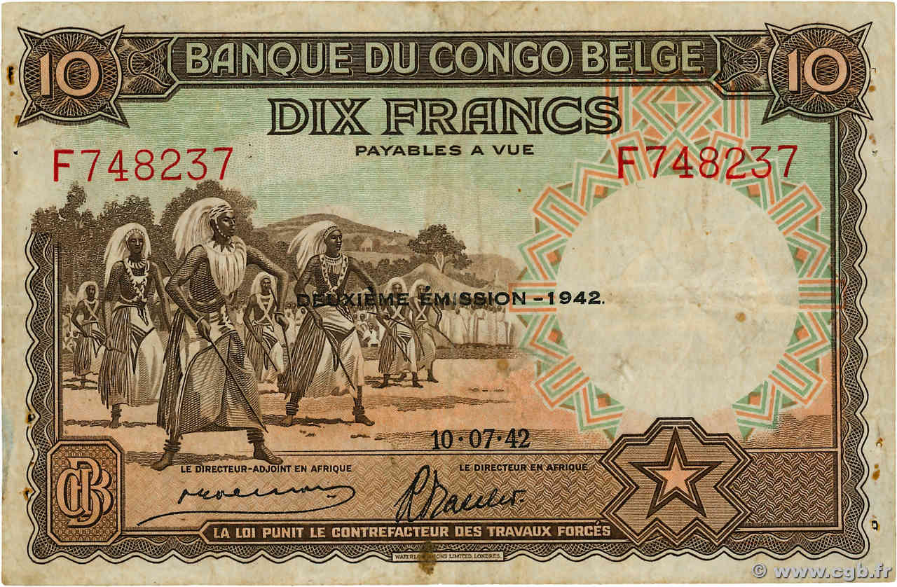 10 Francs BELGIAN CONGO  1942 P.14Ba F+