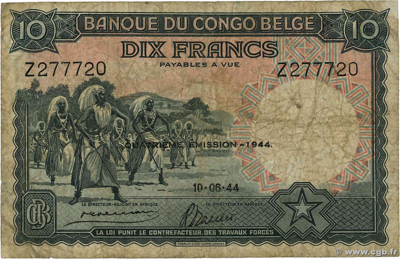 10 Francs BELGIAN CONGO  1944 P.14D G