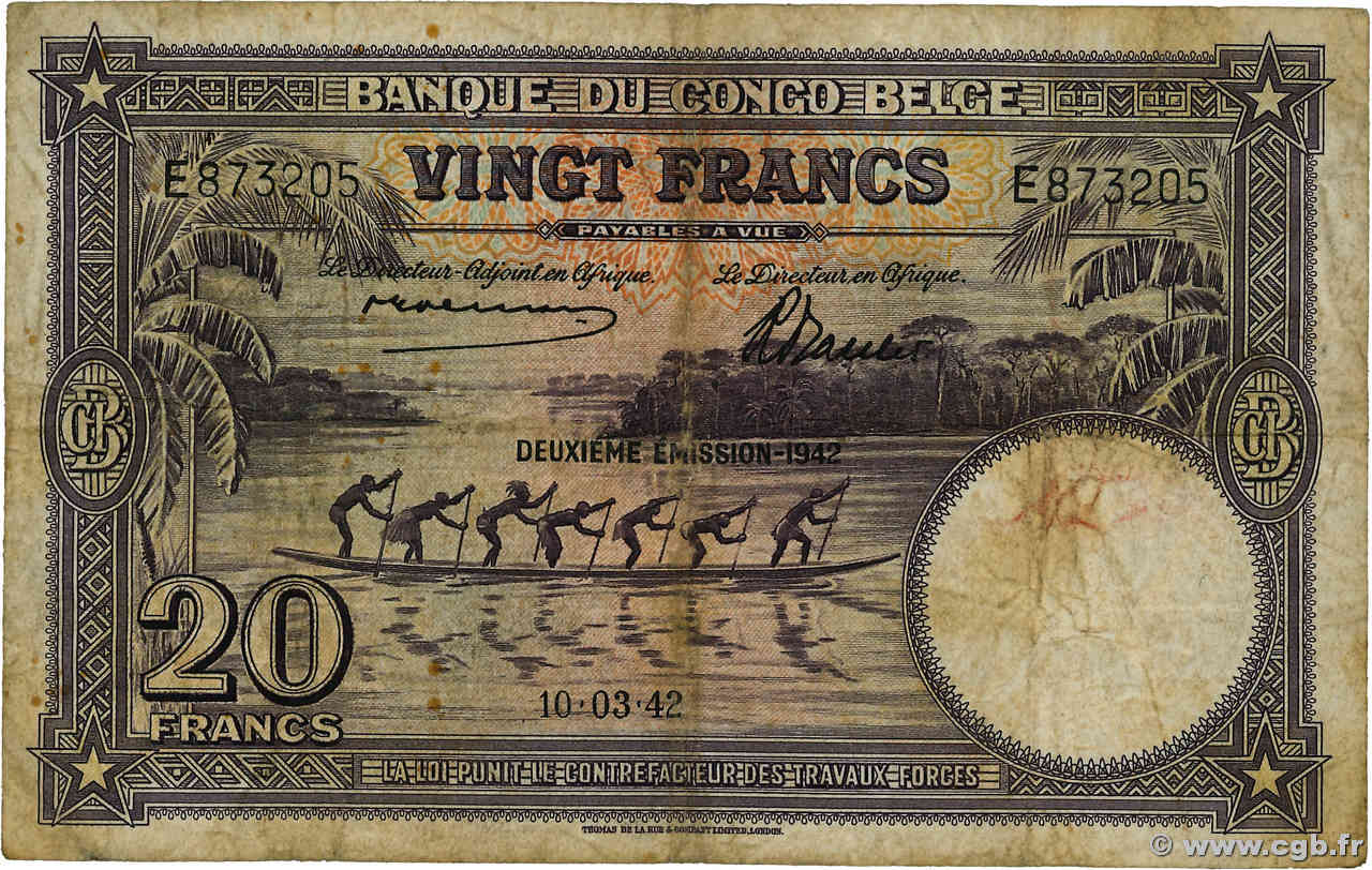 20 Francs BELGA CONGO  1942 P.15A BC
