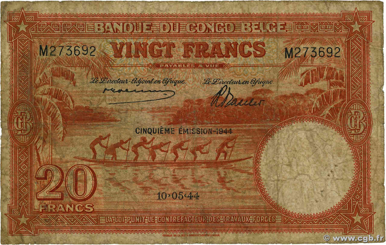 20 Francs BELGIAN CONGO  1944 P.15D G