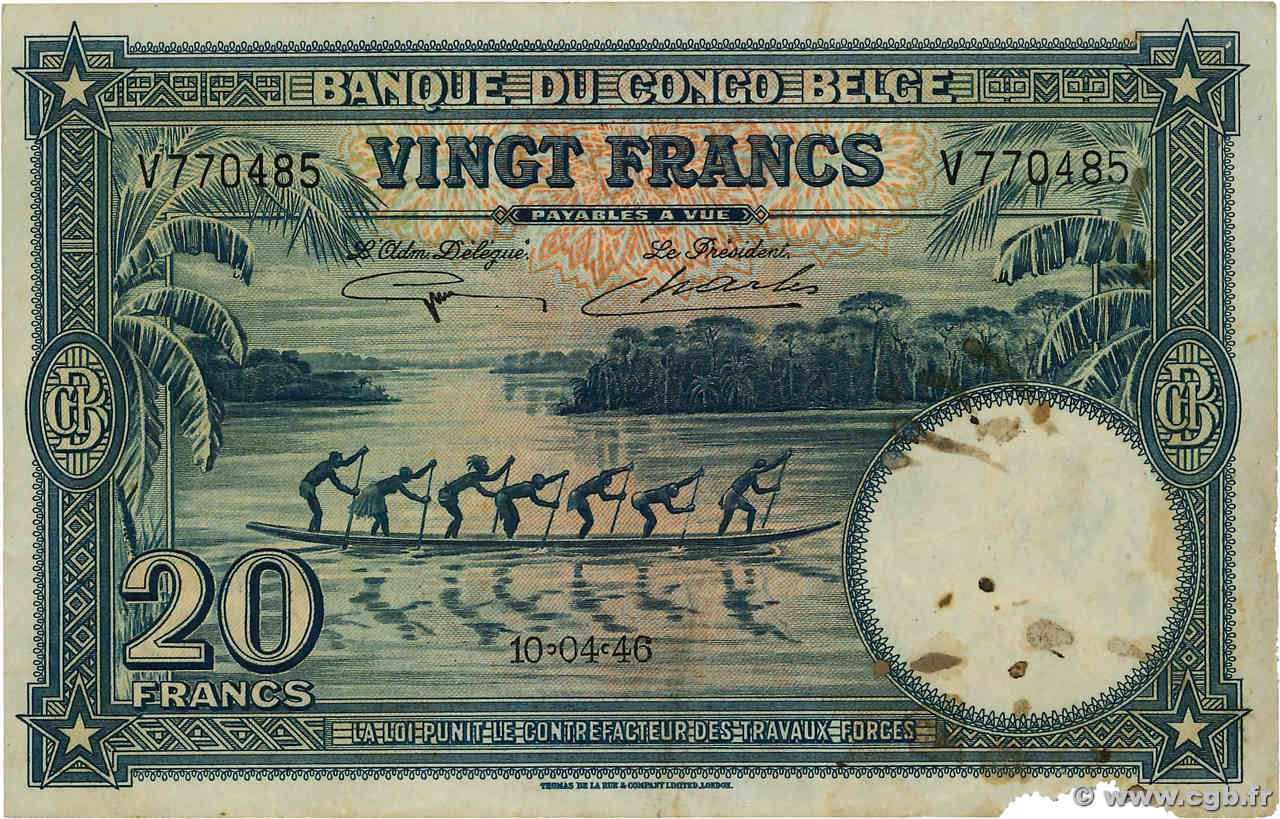 20 Francs CONGO BELGA  1946 P.15E q.BB