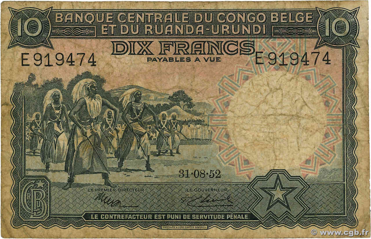 10 Francs CONGO BELGA  1952 P.22 B