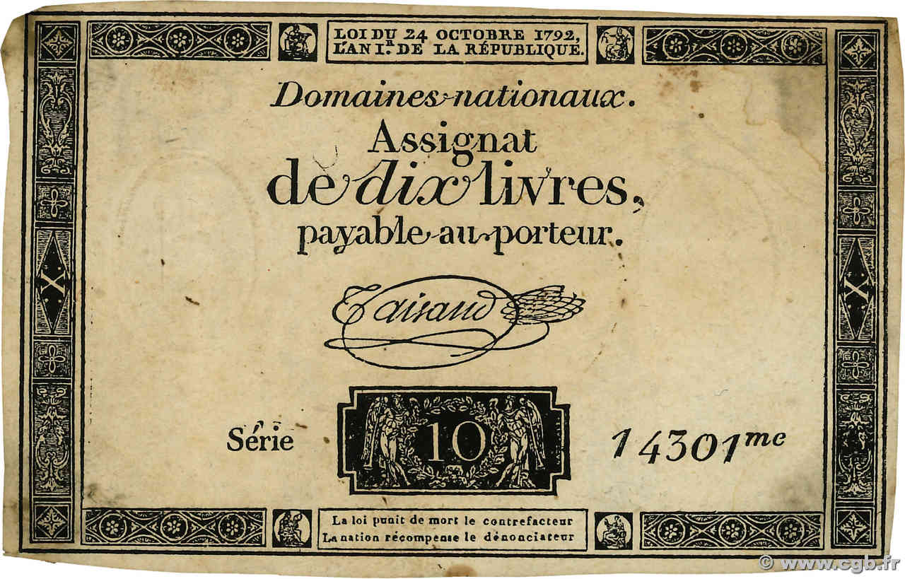 10 Livres filigrane républicain  FRANCE  1792 Ass.36c VF