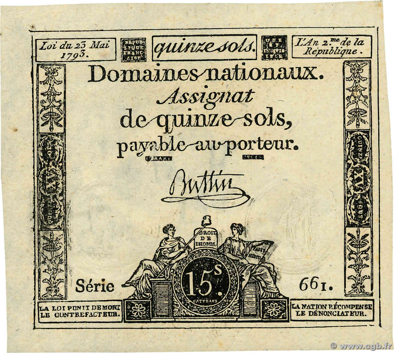 15 Sols FRANCE  1793 Ass.41b AU+