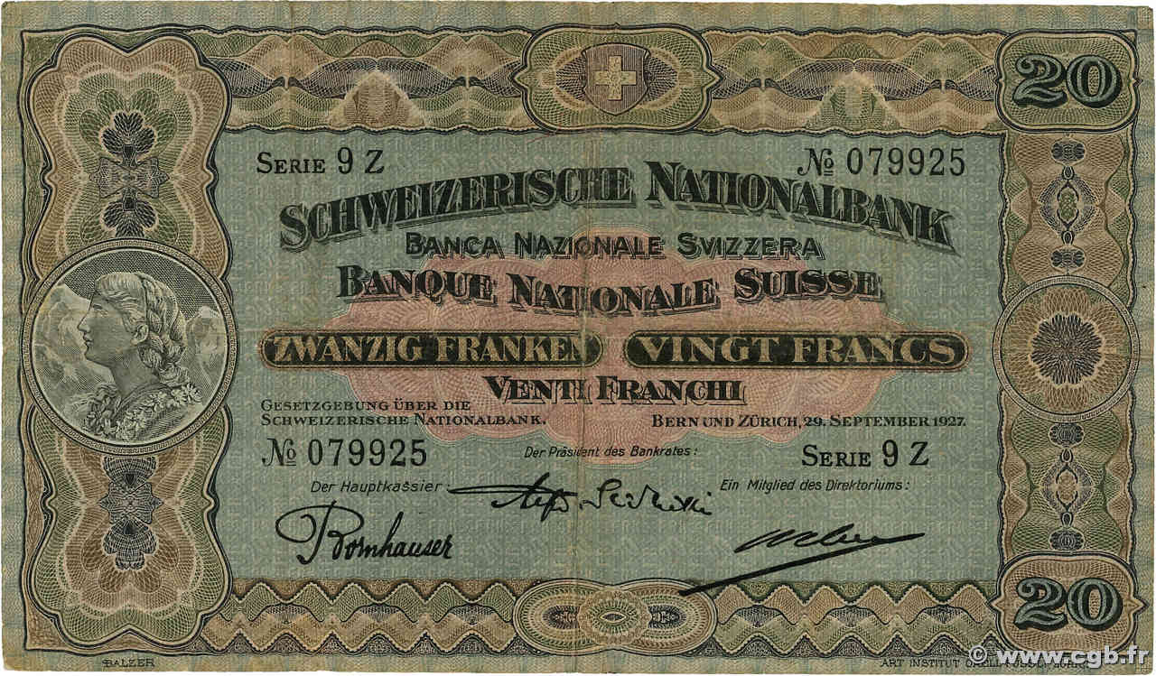 20 Francs SUISSE  1927 P.33e MB