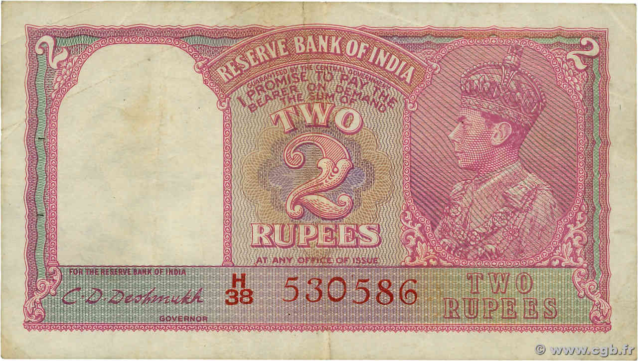 2 Rupees INDIA  1943 P.017b VF