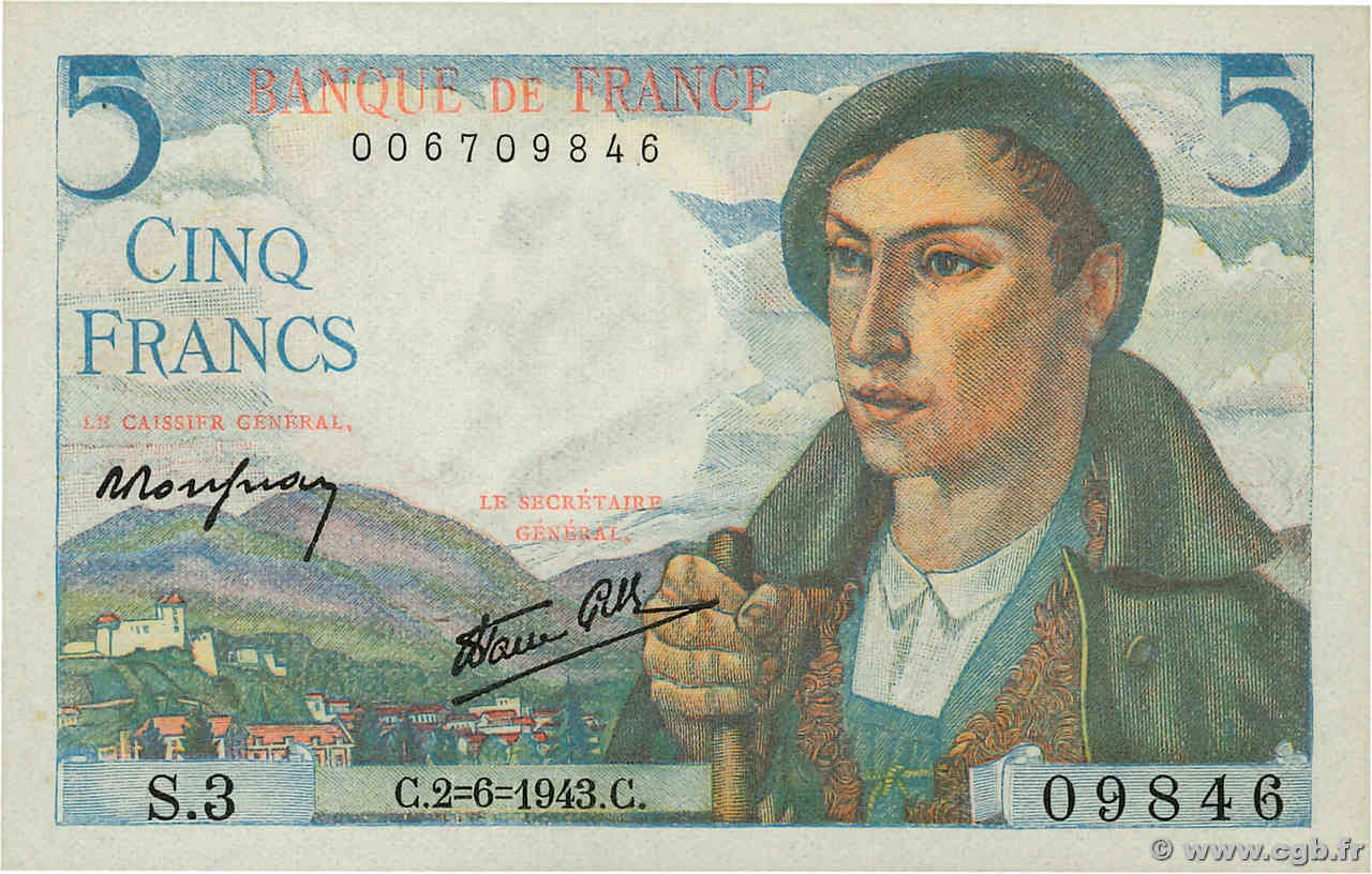 5 Francs BERGER FRANCE  1943 F.05.01 pr.NEUF