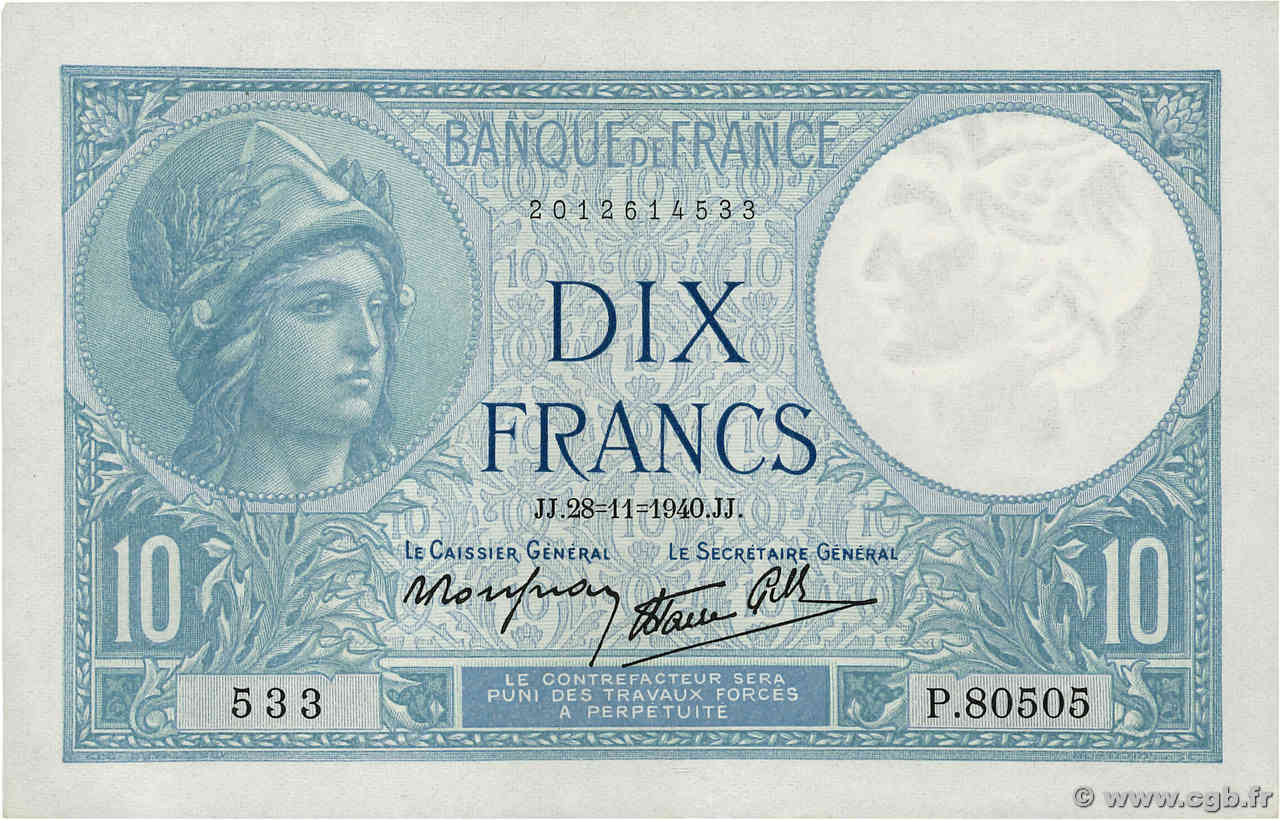 10 Francs MINERVE modifié FRANCE  1940 F.07.22 AU-