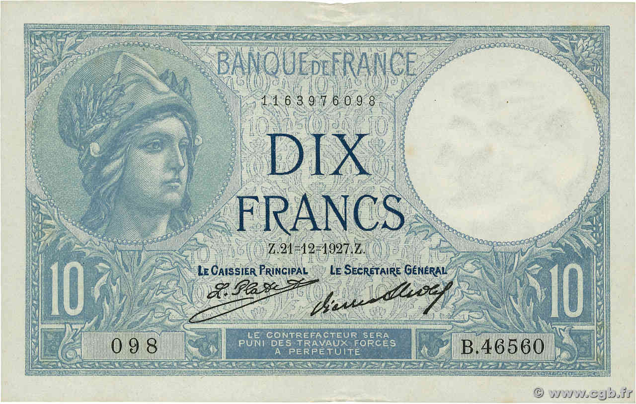 10 Francs MINERVE FRANCE  1927 F.06.12a VF