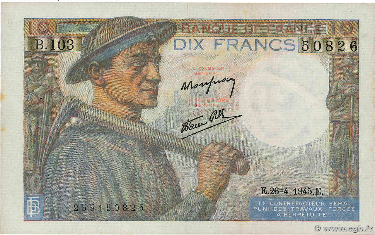 10 Francs MINEUR FRANCE  1945 F.08.14 SUP