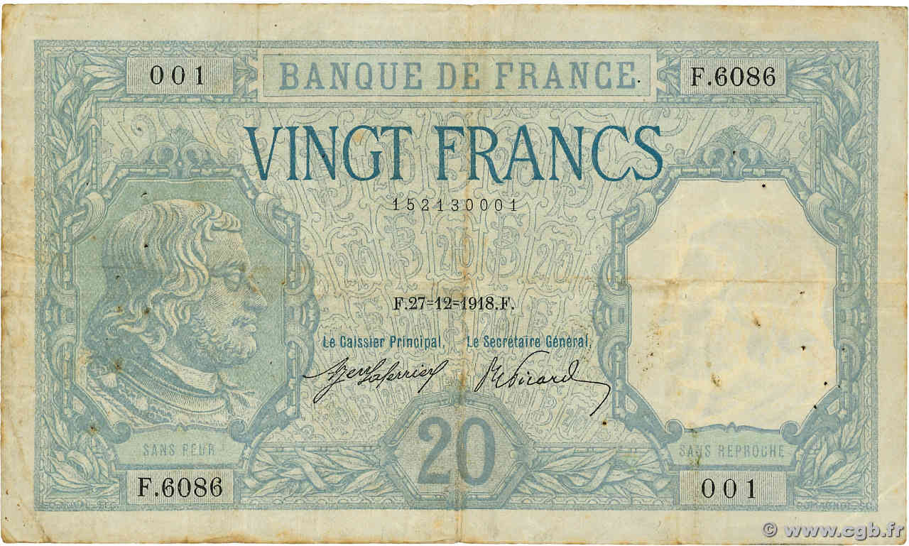 20 Francs BAYARD FRANCE  1918 F.11.03a F