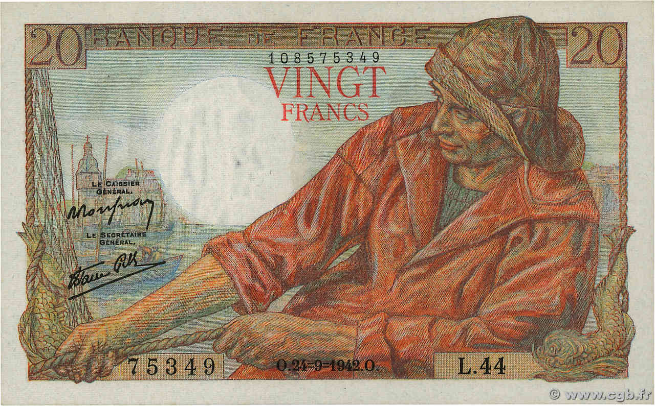 20 Francs PÊCHEUR FRANCE  1942 F.13.03 NEUF