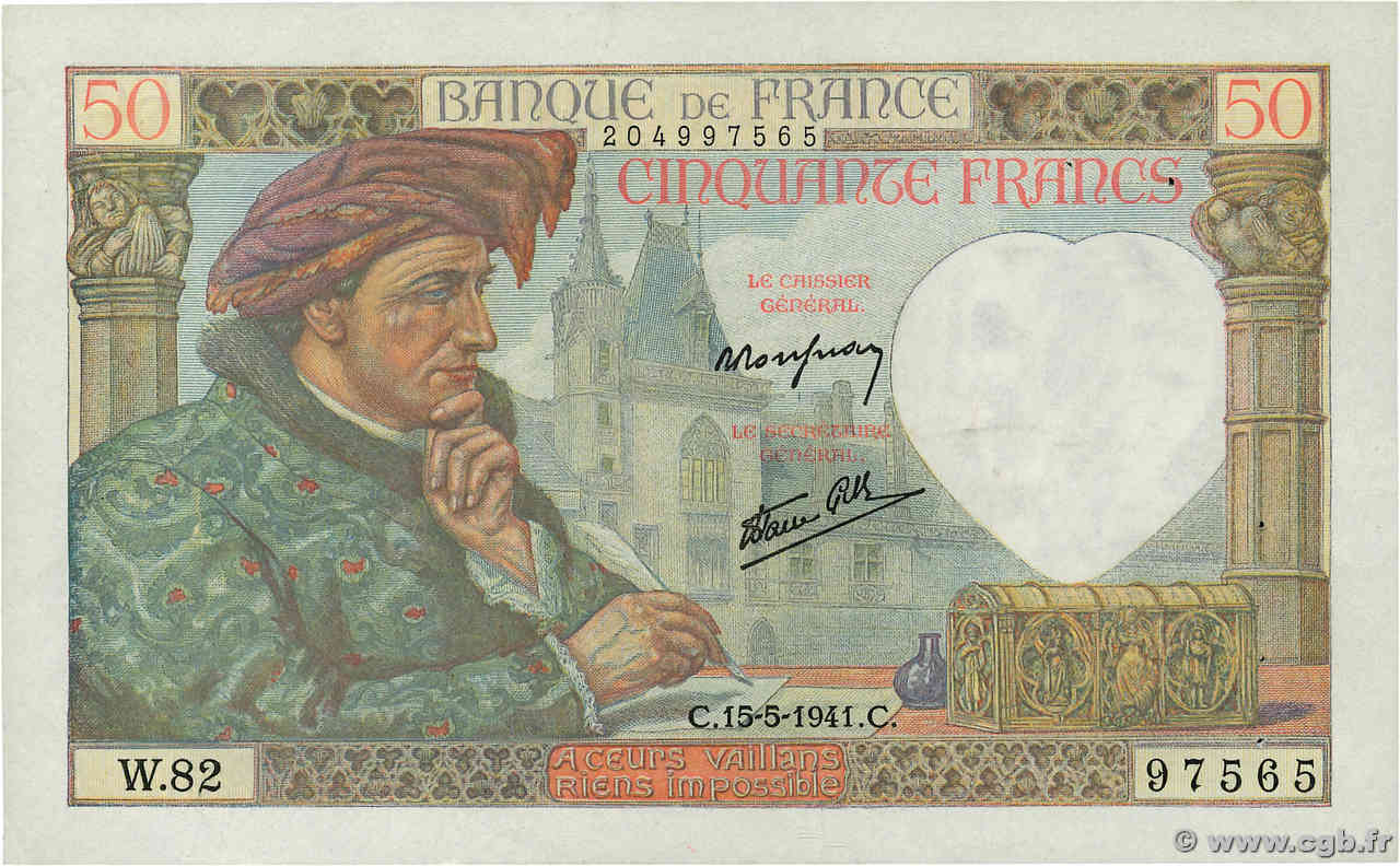 50 Francs JACQUES CŒUR FRANCE  1941 F.19.11 TTB+