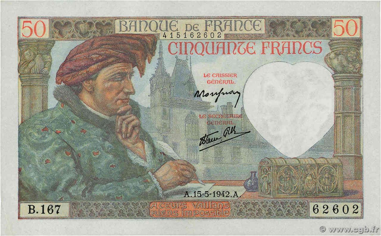 50 Francs JACQUES CŒUR FRANCE  1942 F.19.20 SUP+