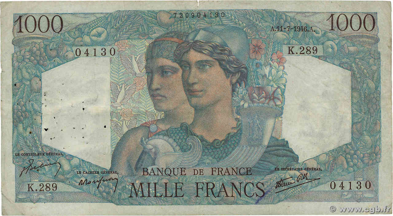 1000 Francs MINERVE ET HERCULE FRANCE  1946 F.41.15 pr.TTB