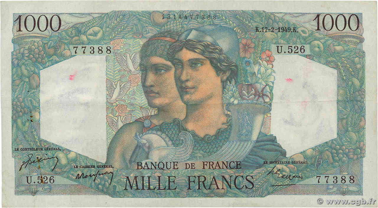 1000 Francs MINERVE ET HERCULE FRANCE  1949 F.41.25 VF+