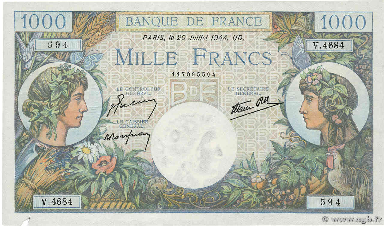 1000 Francs COMMERCE ET INDUSTRIE FRANCE  1944 F.39.12 VF