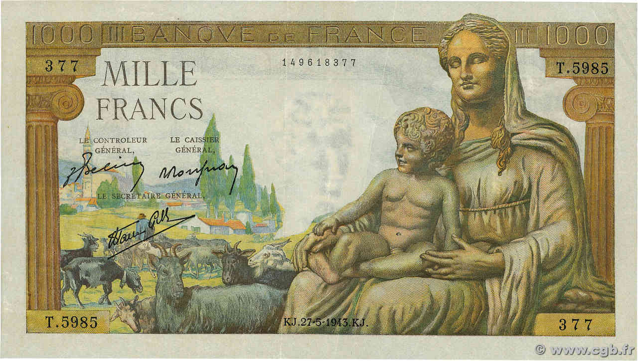 1000 Francs DÉESSE DÉMÉTER FRANCE  1943 F.40.25 VF