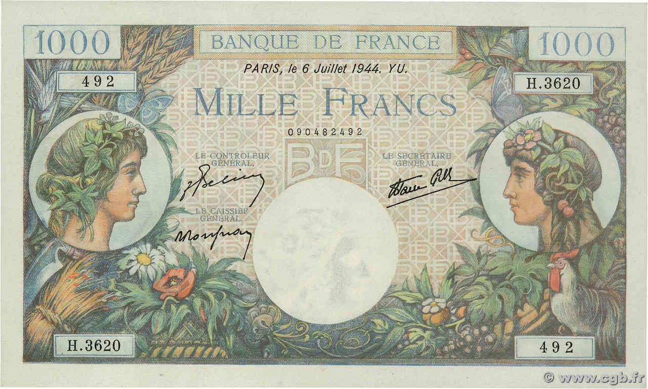 1000 Francs COMMERCE ET INDUSTRIE FRANCE  1944 F.39.10 UNC