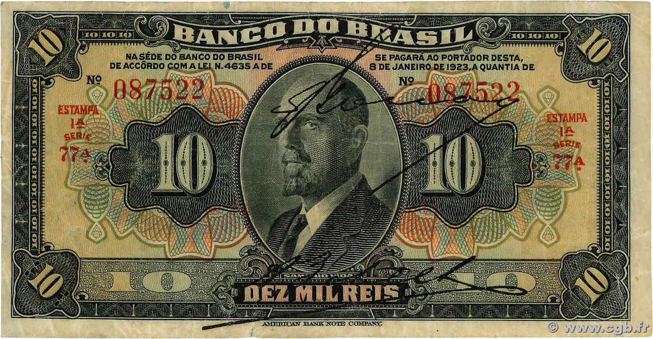 10 Mil Reis BRÉSIL  1923 P.114a TB