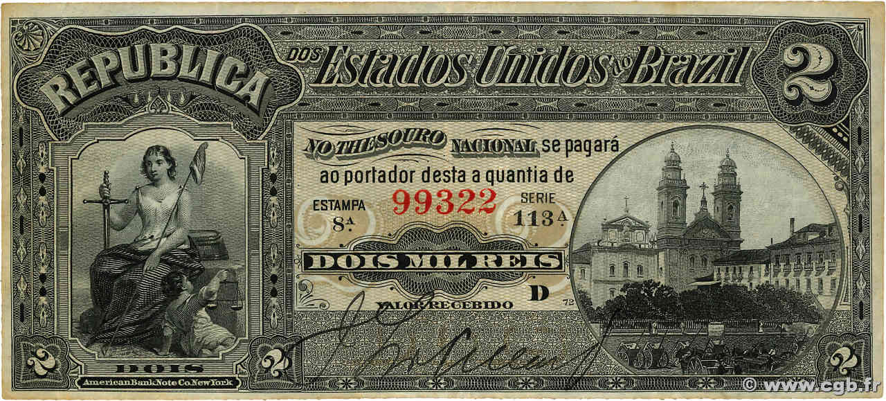 2 Mil Reis BRAZIL  1890 P.010b VF