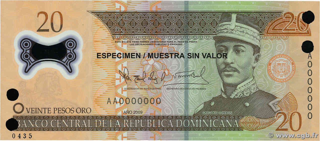 20 Pesos Oro Spécimen RÉPUBLIQUE DOMINICAINE  2009 P.182s ST