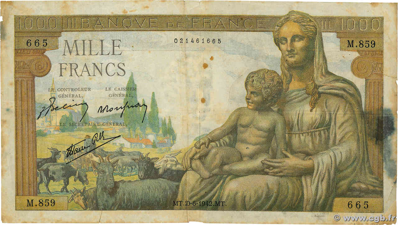 1000 Francs DÉESSE DÉMÉTER FRANCE  1942 F.40.03 B+