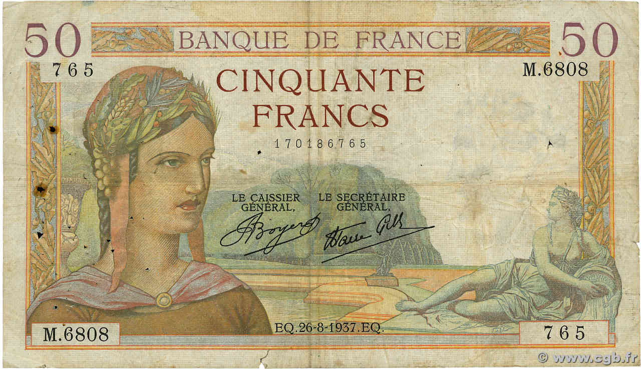 50 Francs CÉRÈS modifié FRANCE  1937 F.18.02 G