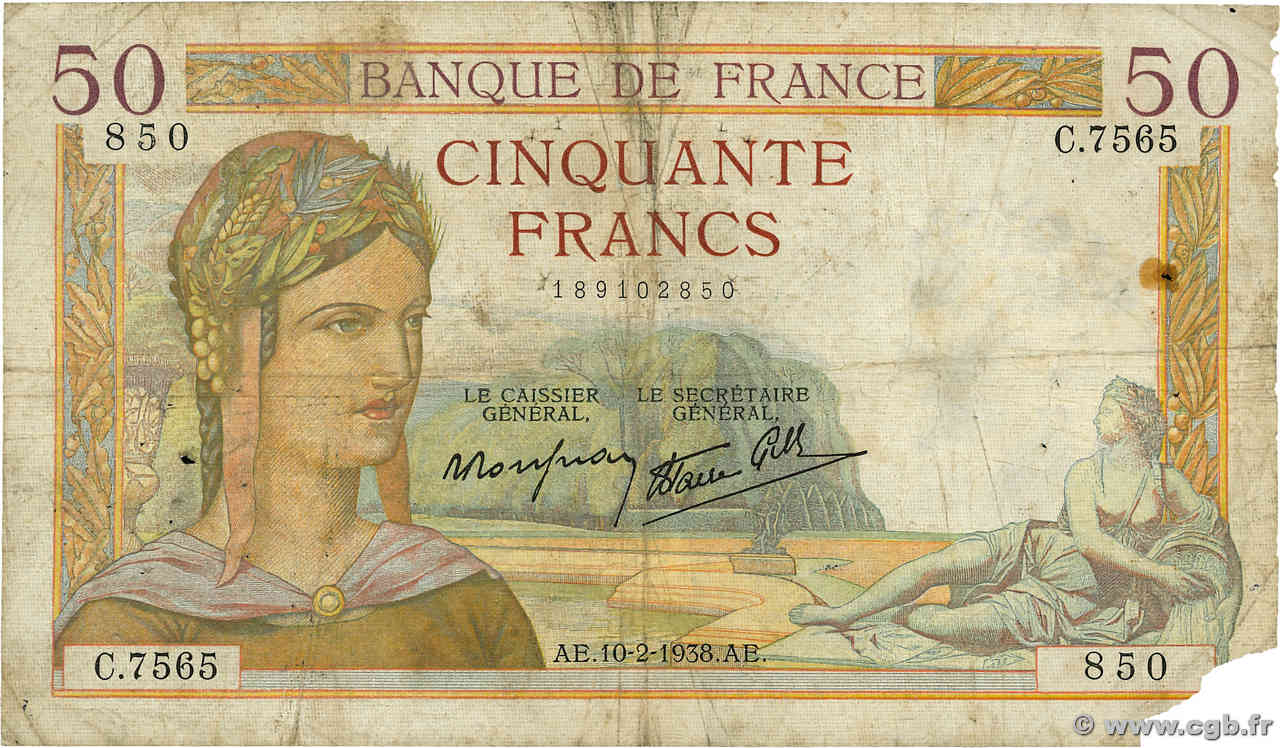 50 Francs CÉRÈS modifié FRANCE  1938 F.18.08 G