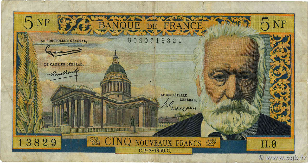 5 Nouveaux Francs VICTOR HUGO FRANCE  1959 F.56.02 G